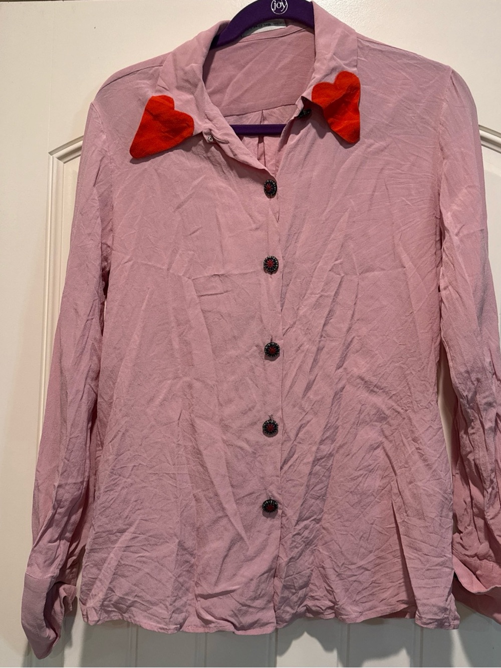 Etro Pale Pink Textured Silk Blouse with hearts on collared neck
